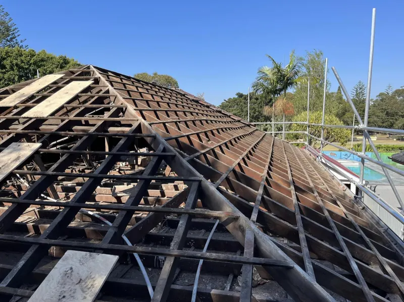 Botany roof repair: roof frame exposed during works
