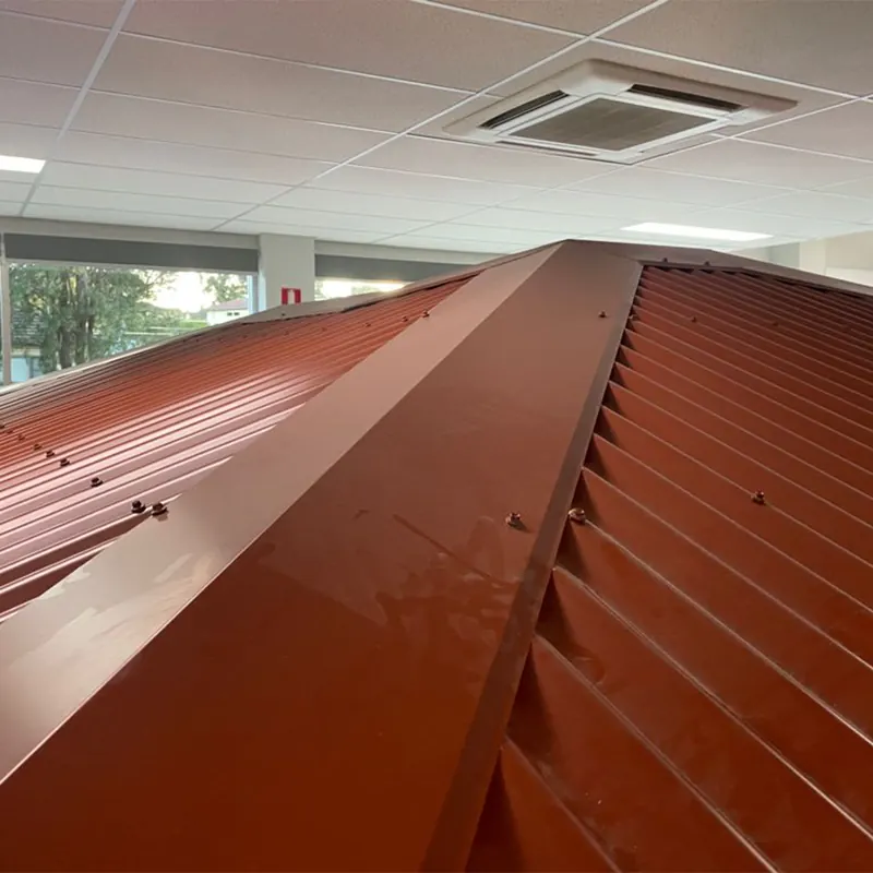 Red Colorbond hip roof inside a commercial building