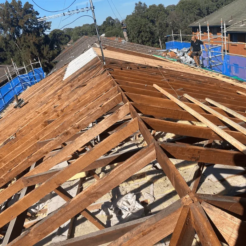 Roof frame exposed after the old roof was removed